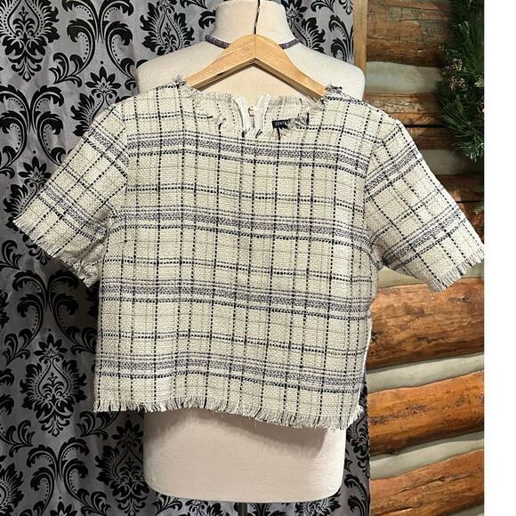 Central Park West Tops - Central Park West Blue & Cream Harper Tweed Cropped Blouse MSRP $165